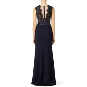 THEIA Deep Midnight Blue Lace Cutout Deep V-Neckline Fitted Maxi Dress Size 14